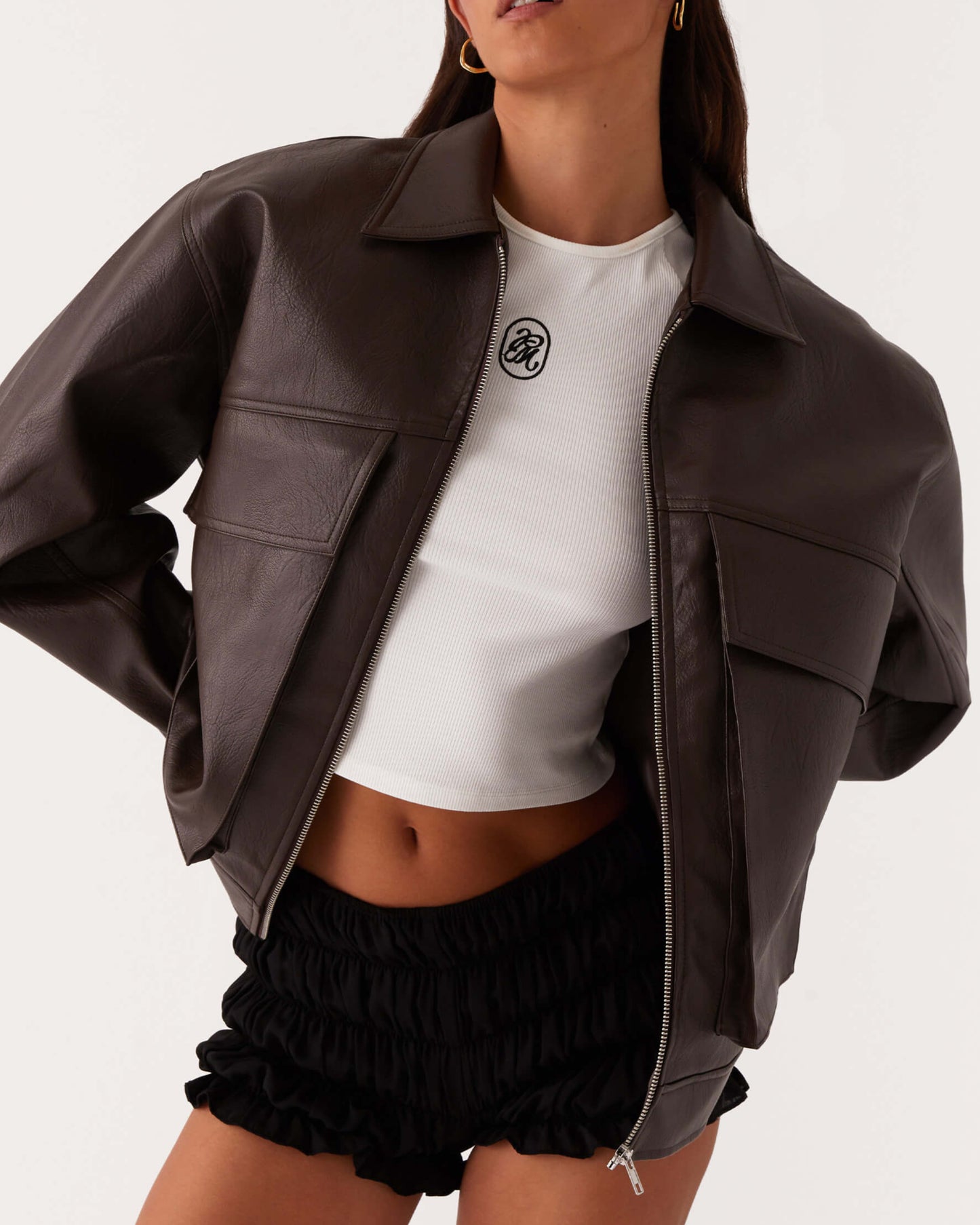 Vegan Leather Bomber Jacket - Chocolate