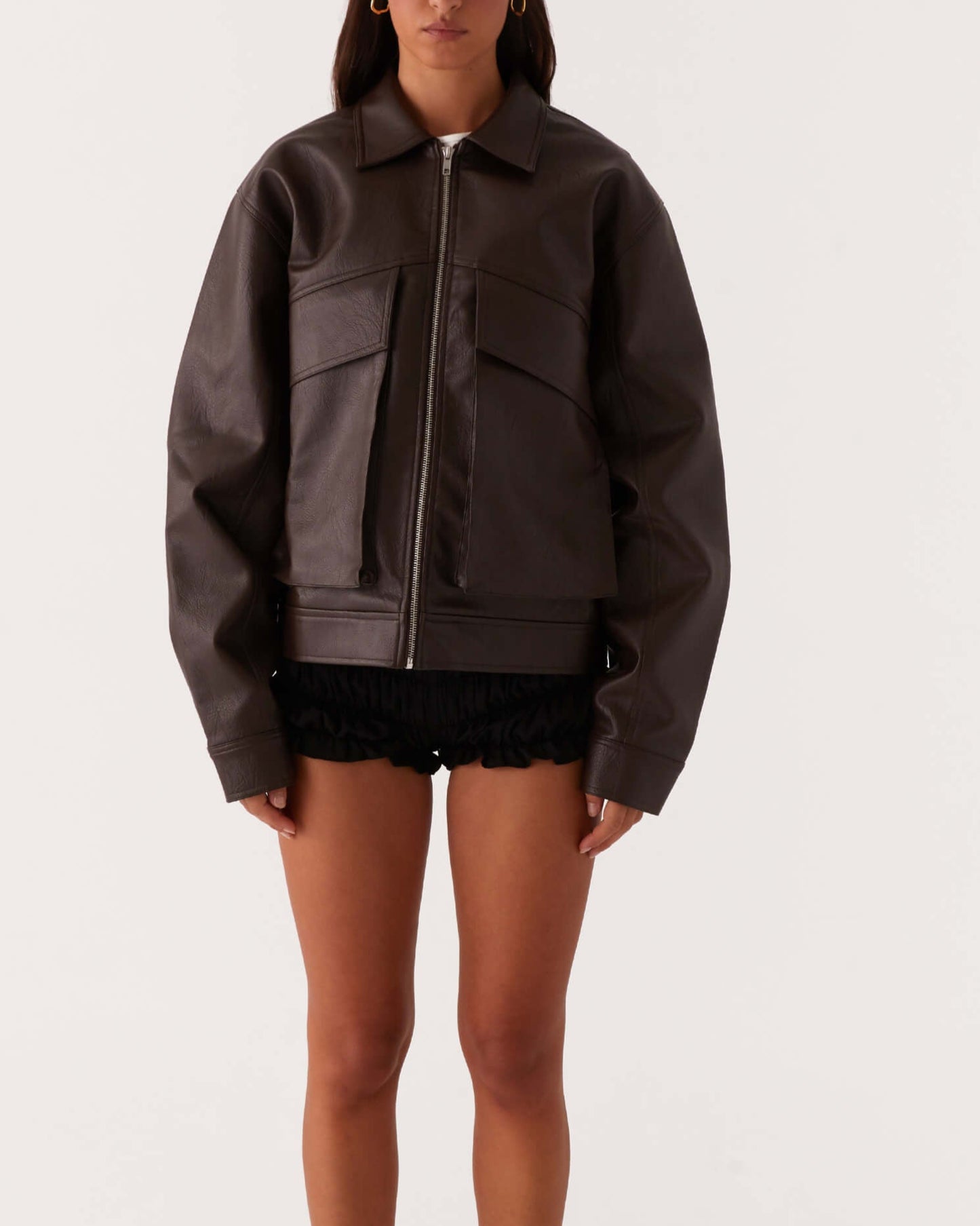 Vegan Leather Bomber Jacket - Chocolate