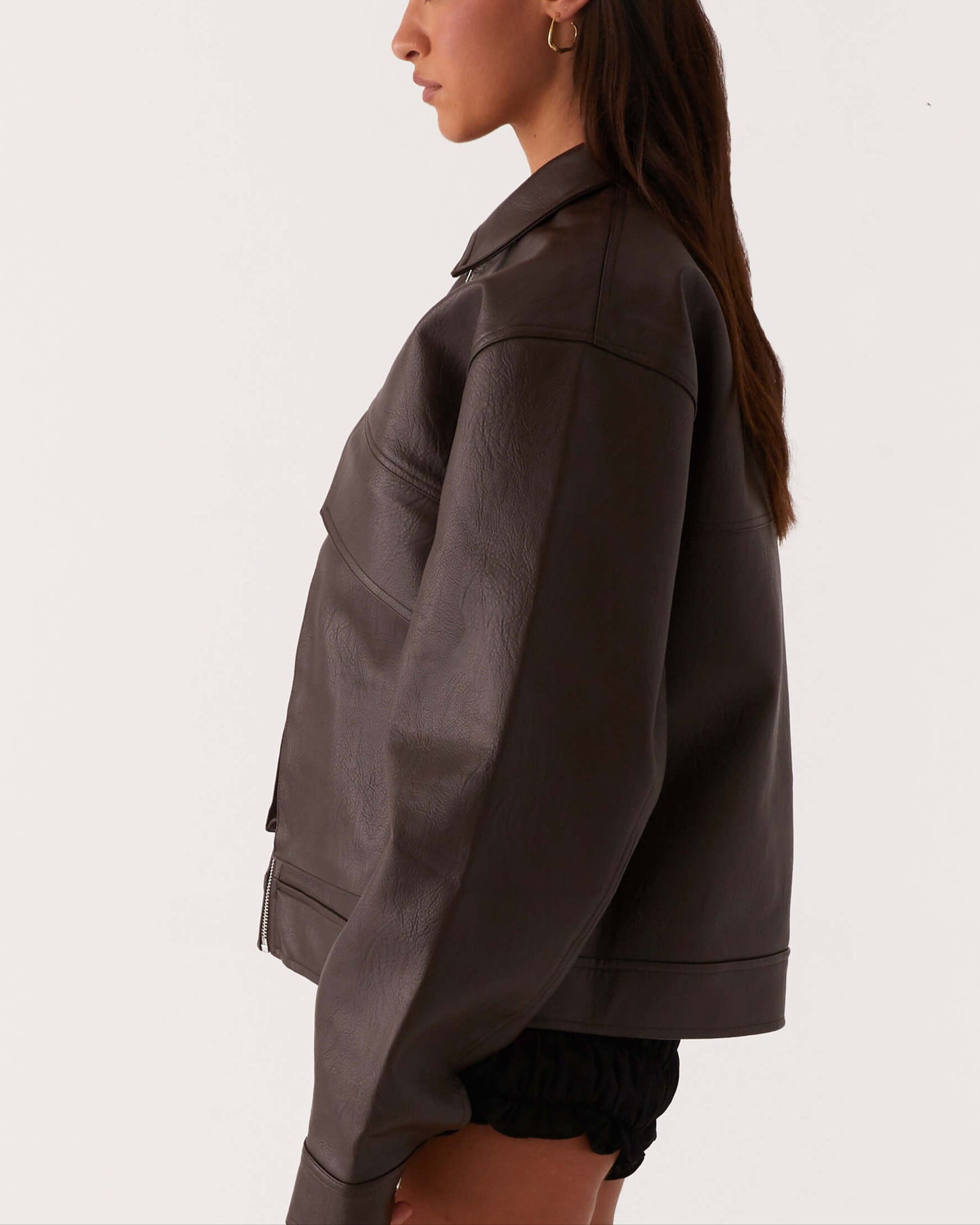 Vegan Leather Bomber Jacket - Chocolate