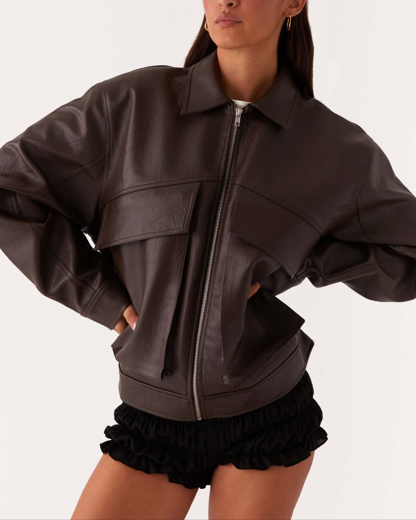 Vegan Leather Bomber Jacket - Chocolate