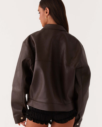 Vegan Leather Bomber Jacket - Chocolate